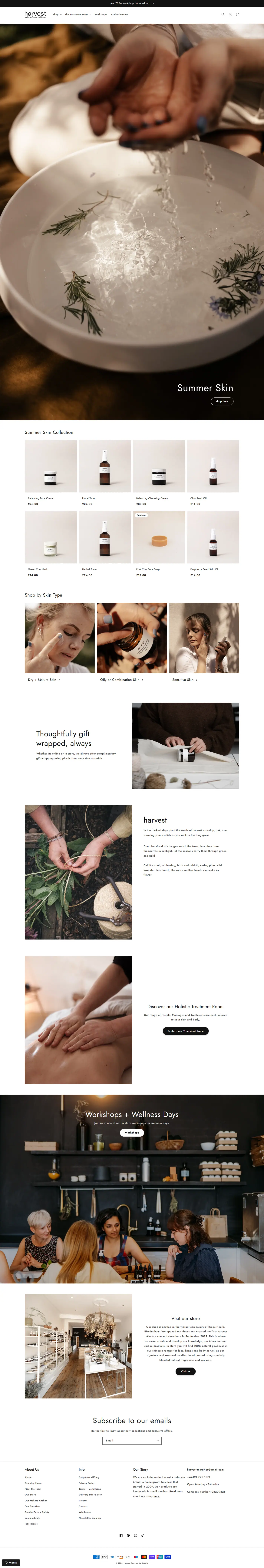 Harvest Skincare + Wellness full page website screenshot