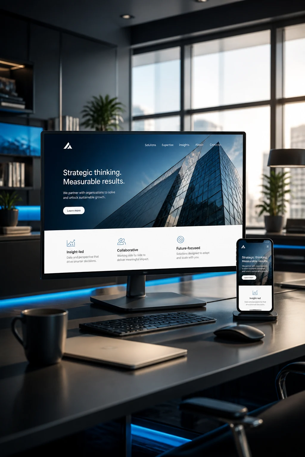 Clear multi-device website experience on a modern professional workspace