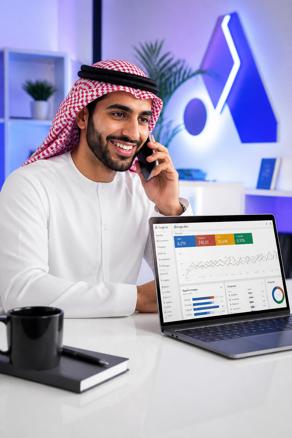 Business owner on the phone while checking a live Google Ads dashboard